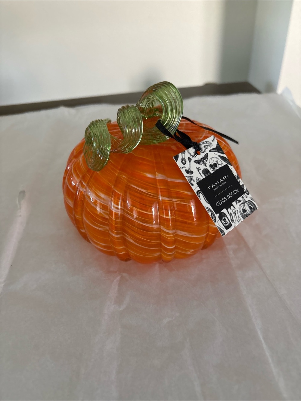 Tahari Orange Glass Pumpkin with Green Spiral Stem Accent